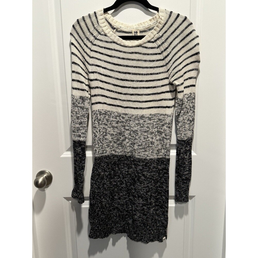 Y2K Roxy Grey White Striped Sweater Small Knit Long Sleeve S‎ Block Top Tunic